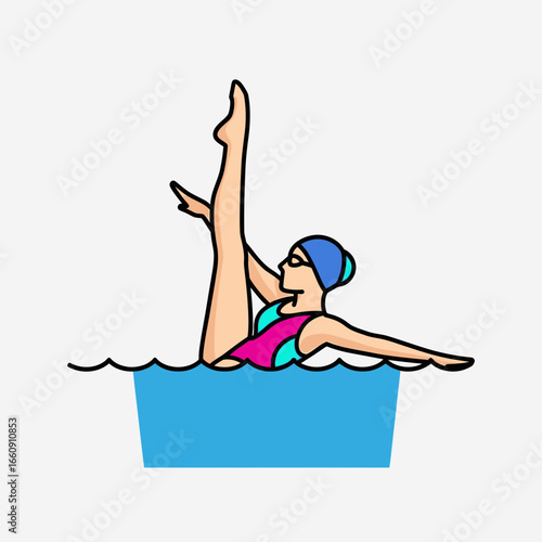 Synchronized swimmer performs a leg lift in a pool.