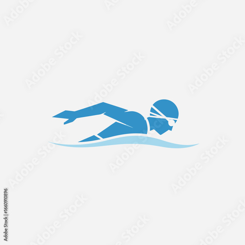 Blue silhouette of a person swimming butterfly stroke in water.