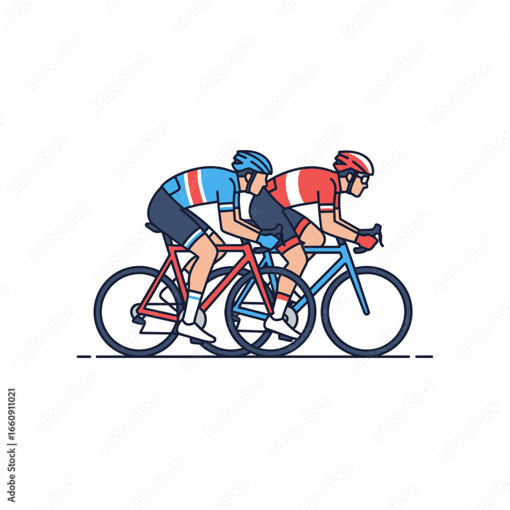 Obraz premium Two cyclists race on bicycles side by side.