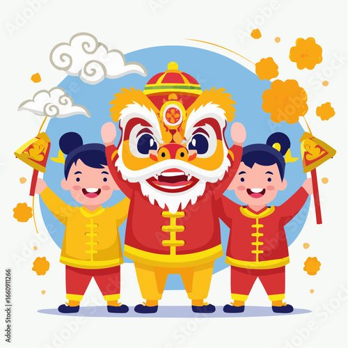 Vibrant Chinese Lion Dance Performance with Children.