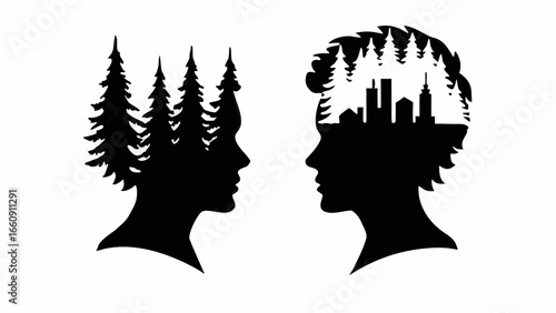 Silhouette of two faces with trees and city skyline inside their heads in black and white illustration