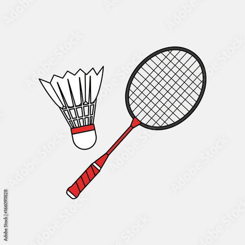Badminton racket and shuttlecock on a plain background.