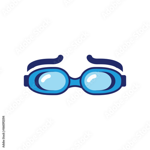 Blue swimming goggles with dark blue straps on a white background.