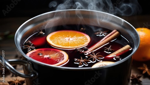 Steaming Pot of Rich Mulled Wine with Blood Orange, Cinnamon, and Star Anise.