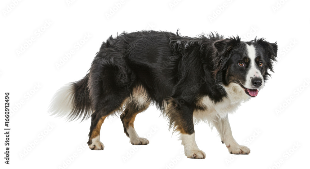 Obraz premium Playful black and white dog isolated on white background standing exuding joy and energy