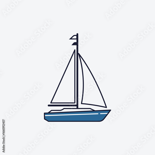 A blue sailboat with white sails on a light background.
