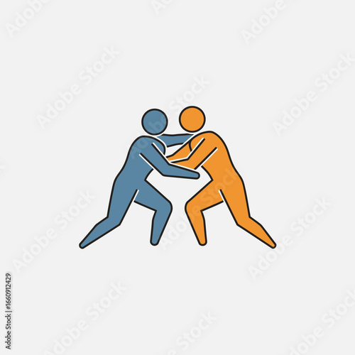 Two stylized figures wrestling in a competition.