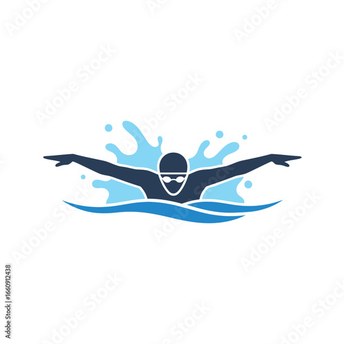 Swimmer performing butterfly stroke in blue water with splashes.