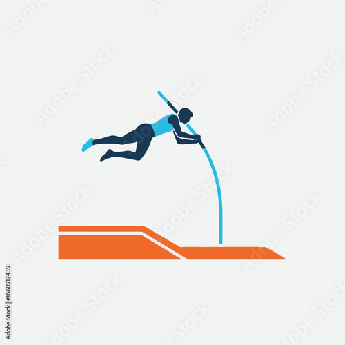 Athlete pole vaults over a barrier in a stylized illustration.