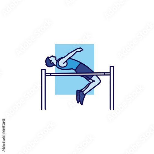Athlete performs high jump over horizontal bar against blue background.