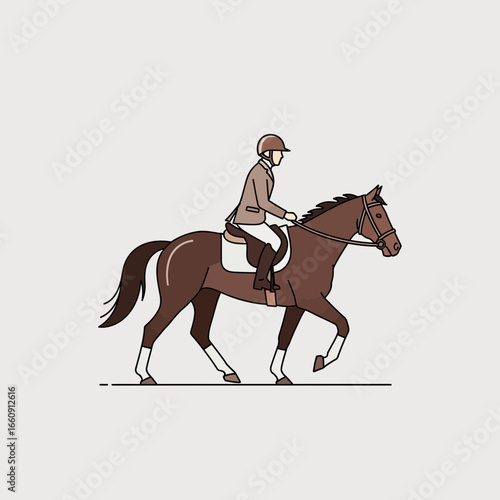 Person rides a brown horse in a simple illustration.