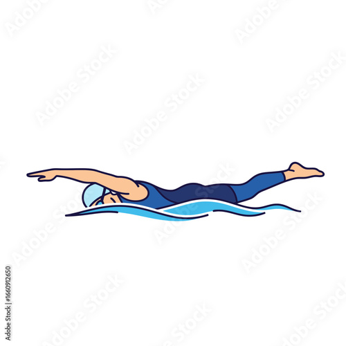 Person swimming freestyle stroke in blue water.