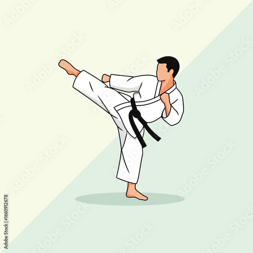 Man in white uniform performs a martial arts kick.