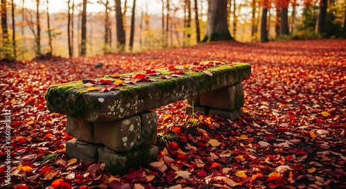 Autumn forest bench scene with fallen leaves nature photography scenic landscape outdoor park mossy stone seat