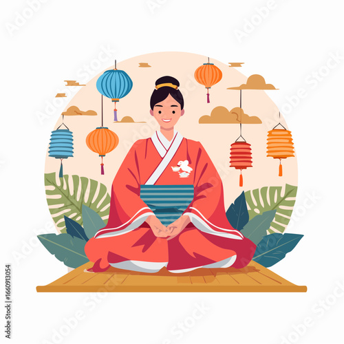 Peaceful Woman in Kimono Meditating with Lanterns