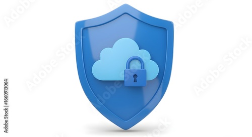 Blue shield with cloud and padlock on white background