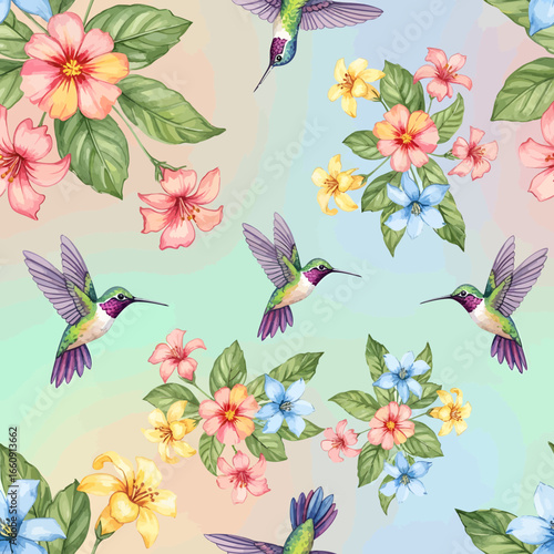 Seamless watercolor pattern featuring vibrant hummingbirds and colorful tropical flowers on a soft pastel gradient background