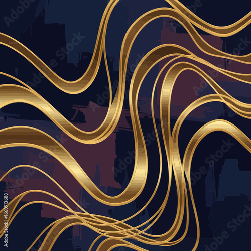 Elegant abstract dark blue background with flowing golden ribbons and textured brush strokes