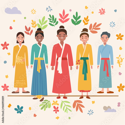 Diverse Group in Hanfu with Floral Wreath, Cultural Celebration