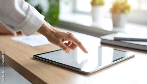 Woman using tablet, office desk, indoors