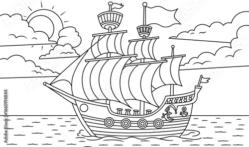 Vintage sailing ship with full sails on the ocean under a cloudy sky