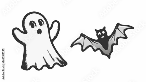 Illustration of a cartoon ghost with raised arms and a cartoon bat with spread wings for halloween night silhouette