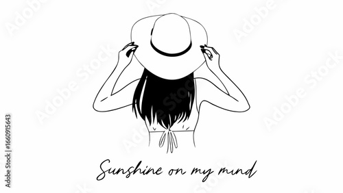Woman wearing a hat and bikini top with her hands on the brim in a black and white line drawing style silhouette