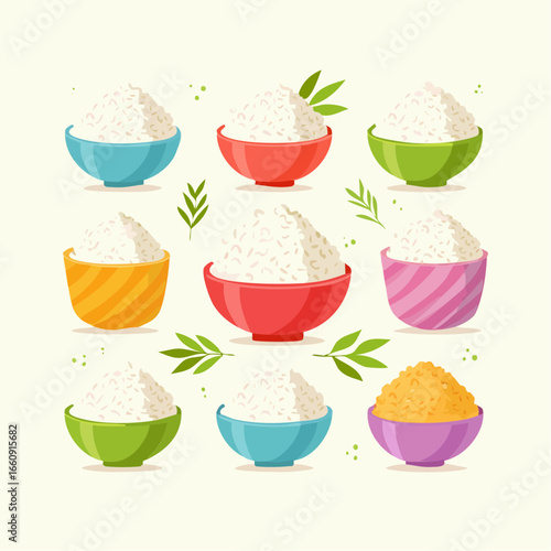 Colorful Cartoon Bowls with White Rice and Yellow Grains Illustration, Healthy Food Concept