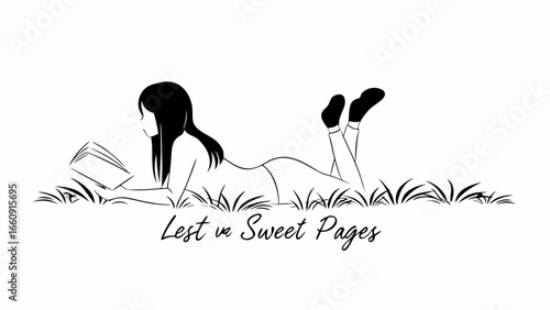 Silhouette of a woman lying in grass reading a book with black hair and socks on a white background