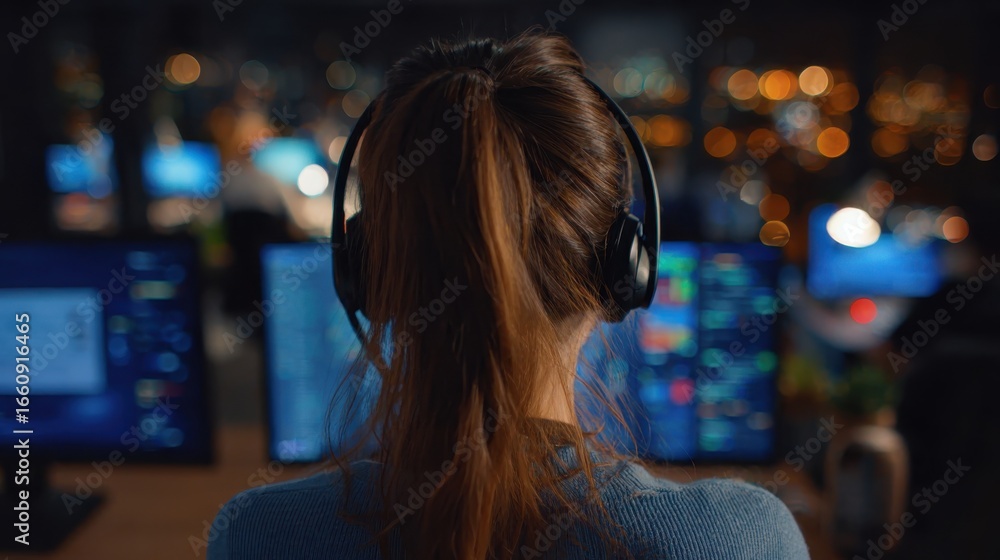 Fototapeta premium Woman with Headphones at Desk with Multiple Computer Screens