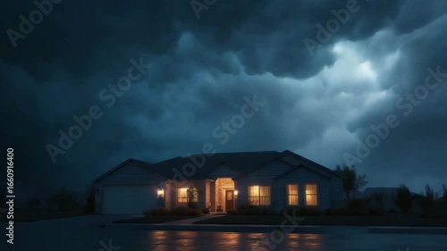 Dramatic Storm Clouds Over Suburban Home at Night