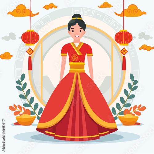 Smiling Woman in Traditional Red Dress with Lanterns & Golden Ingots, East Asian Cultural Celebration Illustration