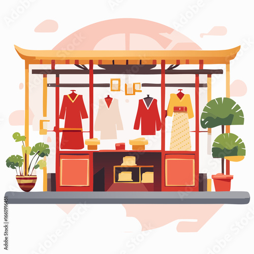Traditional Asian Clothing Storefront with Garments Displayed - Flat Vector Illustration