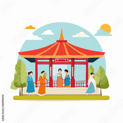 Traditional Asian Pavilion with People in Cultural Attire. East Asian Historical Building and Traditional Dress Flat Vector Illustration.