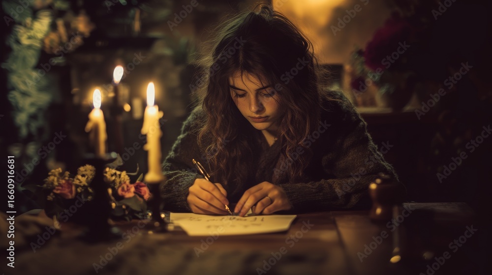 Naklejka premium Woman Writing at Table with Candles