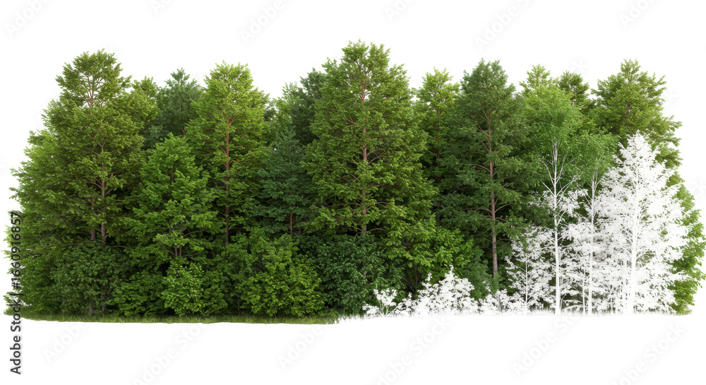 Fototapeta premium Lush green forest with diverse trees isolated on white background ideal for nature themes