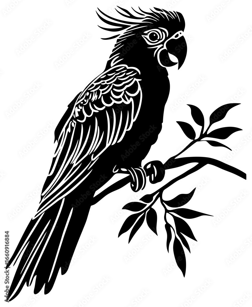 Fototapeta premium Silhouette of cockatoo bird standing on branch