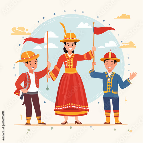Cultural Parade Illustration with Traditional Clothing and Flags