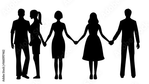 Silhouette of five people holding hands in a line representing unity and connection in black and white style