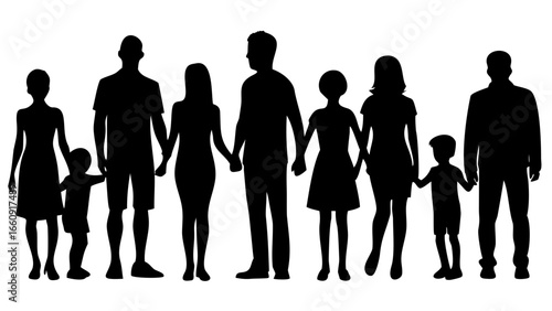 Silhouette illustration of a large family holding hands standing together in unity and togetherness shown