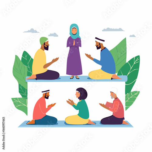 Muslim Prayer Group Gathering, Vector Illustration