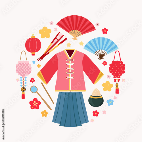 Chinese Culture Flat Lay: Apparel, Fans, and Lanterns