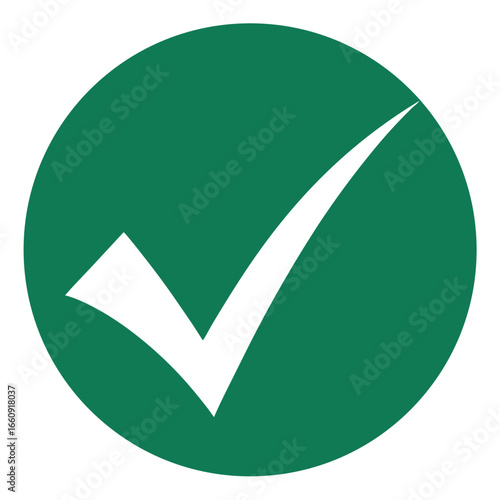 White check mark inside a dark green circle on white background tick correct
