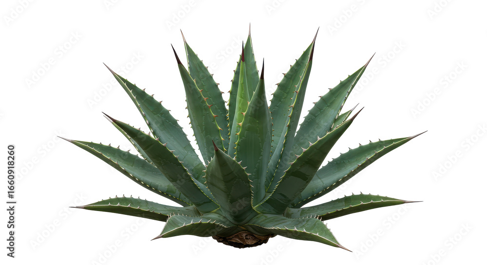 Fototapeta premium Vibrant agave plant with sharp leaves isolated on white background ideal for nature themes
