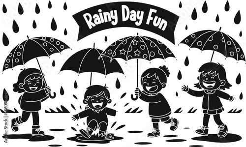 Children enjoying a rainy day with umbrellas and puddles