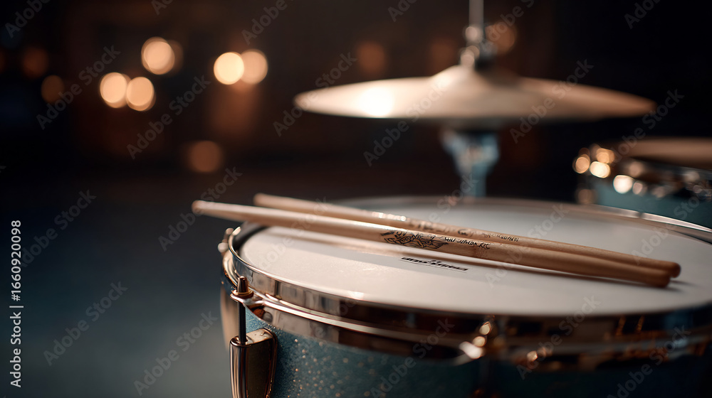 Obraz premium An evocative close-up shows drumsticks resting on a drum kit, bathed in warm, inviting stage light.