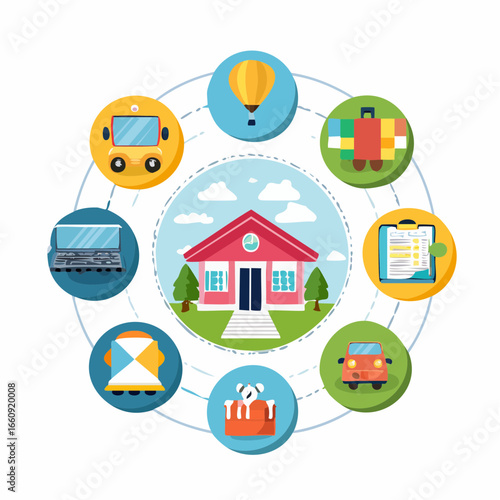 Home and Travel Circle: Flat Vector Illustration