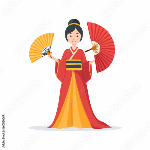 Elegant Asian woman in traditional kimono holding two decorative fans, cultural illustration on white background