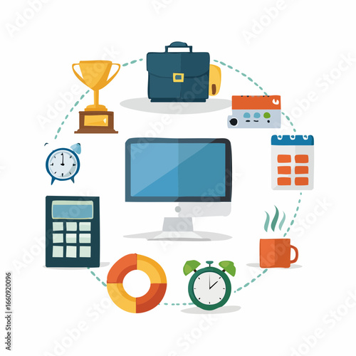 Business workflow and productivity concept with office tools, time management, and success elements around a computer monitor