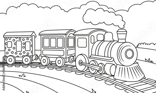 Black and white illustration of a steam train with carriages on tracks